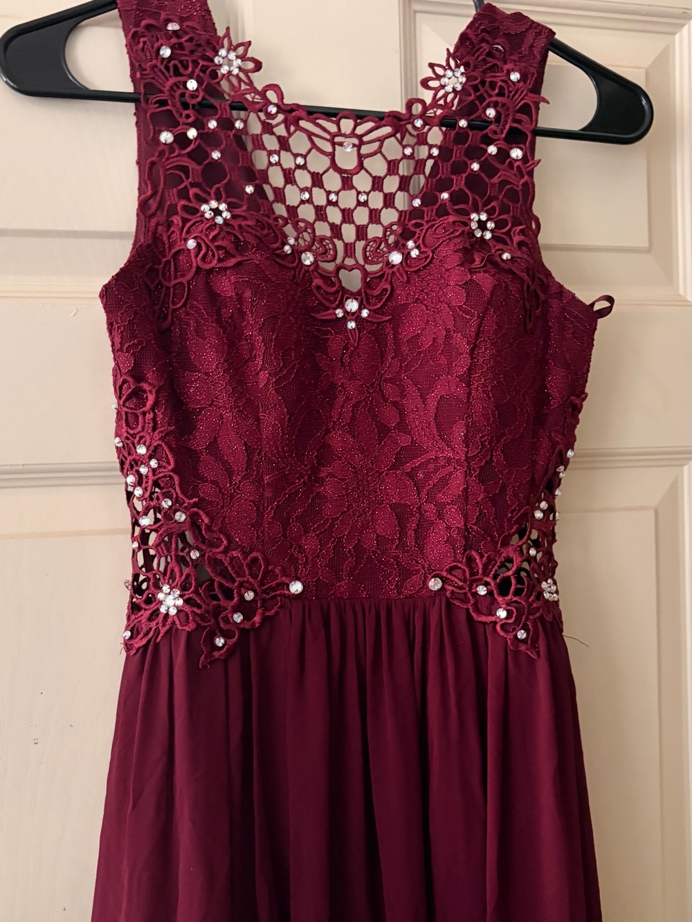 City Triangles Burgundy Lace & Beaded Prom Dress